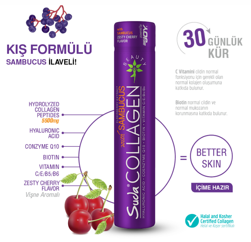 Suda Collagen Sambucus Vişne Flawor Likit Kolajen 40ml | 14 Shot