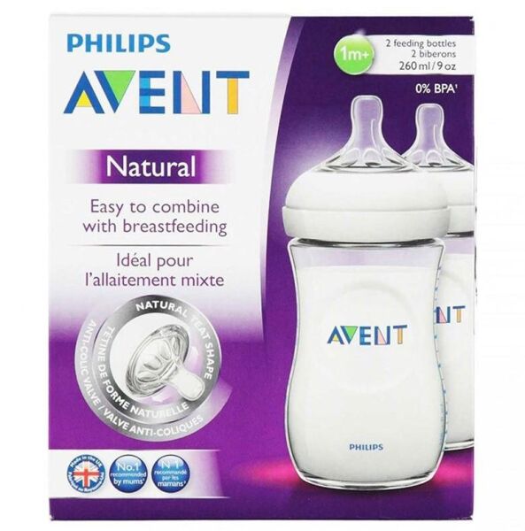 Philips Avent Biberon PP Natural Emzik 260ml | 1 Ay Üzeri, Şeffaf, 2 Adet