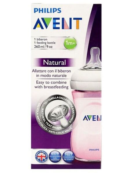 Philips Avent Biberon PP Natural Emzik 260ml | 1 Ay Üzeri, Pembe, 1 Adet