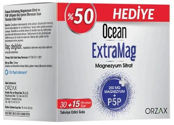 Orzax Ocean ExtraMag Magnezyum Sitrat ve P5P 30 Saşe + 15 Saşe