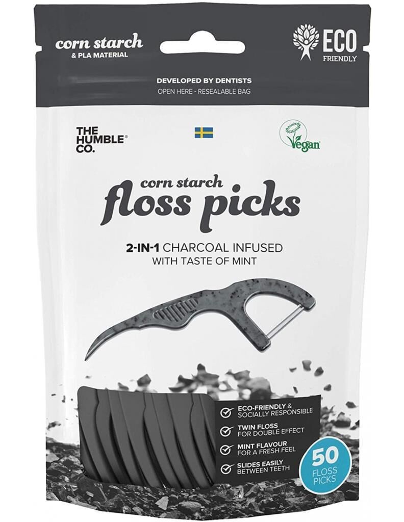 Humble Brush Floss Picks Charcoal 50 Adet | Kürdanlı Diş İpi Kömür Etkisi Nane Tadı